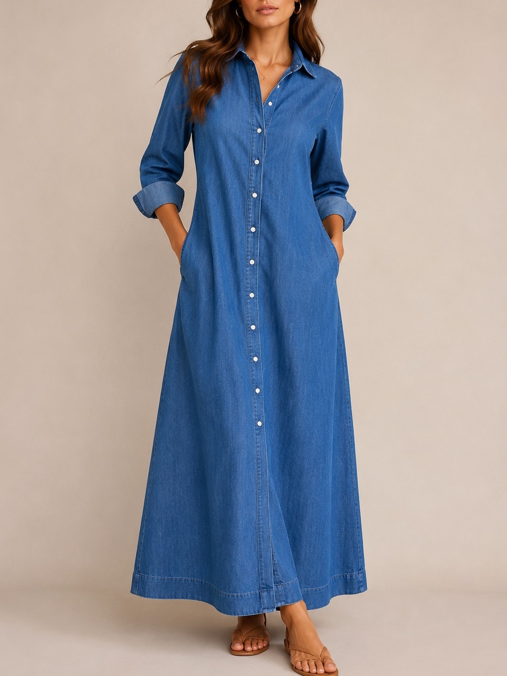 Perlavera Giorgia Denim Maxi Dress Size M Blue Button-Down Long-Sleeve Stretch